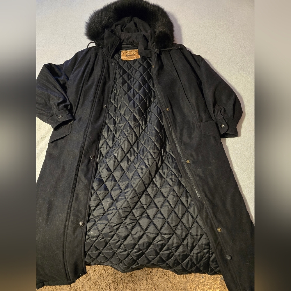 Fox Fur trim hooded authentic J.G Hook petite full length coat.